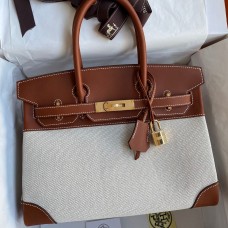 Hermes Birkin 30 Handmade Bag In Toile & Gold Swift Leather Hermes Birkin 30 Handmade Bag In Toile & Gold Swift Leather