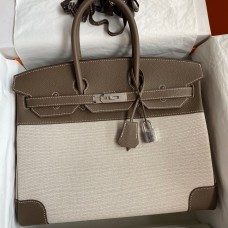 Hermes Birkin 35 Handmade Bag In Toile & Taupe Clemence Leather Hermes Birkin 35 Handmade Bag In Toile & Taupe Clemence Leather