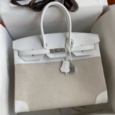 Hermes Birkin 35 Handmade Bag In Toile & White Clemence Leather Hermes Birkin 35 Handmade Bag In Toile & White Clemence Leather