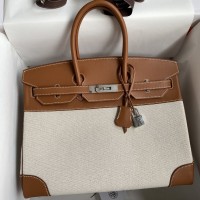 Hermes Birkin 35 Handmade Bag In Toile & Gold Swift Leather Hermes Birkin 35 Handmade Bag In Toile & Gold Swift Leather