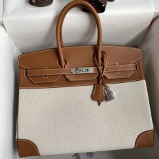 Hermes Birkin 35 Handmade Bag In Toile & Gold Swift Leather Hermes Birkin 35 Handmade Bag In Toile & Gold Swift Leather
