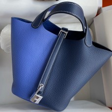Hermes Picotin Lock 18 Bicolor Handmade Bag in Blue and Blue Saphir Clemence Leather Hermes Picotin Lock 18 Bicolor Handmade Bag in Blue and Blue Saphir Clemence Leather