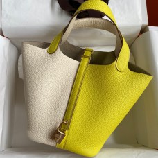 Hermes Picotin Lock 18 Bicolor Handmade Bag in Craie and Lime Clemence Leather Hermes Picotin Lock 18 Bicolor Handmade Bag in Craie and Lime Clemence Leather