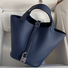 Hermes Picotin Lock 18 Handmade Bag in Blue Saphir Clemence Leather Hermes Picotin Lock 18 Handmade Bag in Blue Saphir Clemence Leather