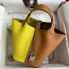 Hermes Picotin Lock 18 Bicolor Handmade Bag in Lime and Gold Clemence Leather Hermes Picotin Lock 18 Bicolor Handmade Bag in Lime and Gold Clemence Leather