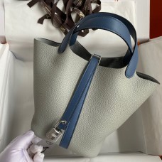 Hermes Picotin Lock 18 Bicolor Handmade Bag in Gris Mouette and Blue Agate Swift Leather Hermes Picotin Lock 18 Bicolor Handmade Bag in Gris Mouette and Blue Agate Swift Leather