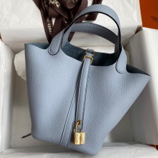 Hermes Picotin Lock 18 Handmade Bag in Blue Lin Clemence Leather Hermes Picotin Lock 18 Handmade Bag in Blue Lin Clemence Leather