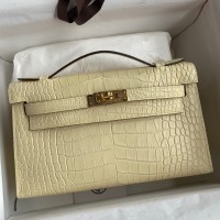 Hermes Kelly Pochette Handmade Bag In Vanille Matte Alligator Leather Hermes Kelly Pochette Handmade Bag In Vanille Matte Alligator Leather