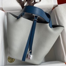 Hermes Picotin Lock 22 Bicolor Handmade Bag in Gris Mouette and Blue Agate Swift Leather Hermes Picotin Lock 22 Bicolor Handmade Bag in Gris Mouette and Blue Agate Swift Leather
