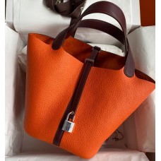 Hermes Picotin Lock 22 Bicolor Handmade Bag in Orange and Burgundy Swift Leather Hermes Picotin Lock 22 Bicolor Handmade Bag in Orange and Burgundy Swift Leather