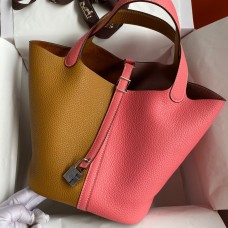 Hermes Picotin Lock 22 Bicolor Handmade Bag in Sesame and Rose Azalee Clemence Leather Hermes Picotin Lock 22 Bicolor Handmade Bag in Sesame and Rose Azalee Clemence Leather