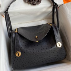 Hermes Lindy 30 Handmade Bag In Black Ostrich Leather Hermes Lindy 30 Handmade Bag In Black Ostrich Leather