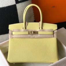 Hermes Birkin 30cm Bag In Jaune Poussin Clemence Leather GHW Hermes Birkin 30cm Bag In Jaune Poussin Clemence Leather GHW