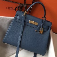 Hermes Kelly 28cm Bag In Blue Agate Clemence Leather GHW Hermes Kelly 28cm Bag In Blue Agate Clemence Leather GHW