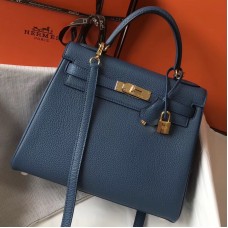 Hermes Kelly 28cm Bag In Blue Agate Clemence Leather GHW Hermes Kelly 28cm Bag In Blue Agate Clemence Leather GHW