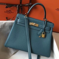 Hermes Kelly 28cm Bag In Blue Jean Clemence Leather GHW Hermes Kelly 28cm Bag In Blue Jean Clemence Leather GHW