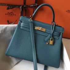 Hermes Kelly 28cm Bag In Blue Jean Clemence Leather GHW Hermes Kelly 28cm Bag In Blue Jean Clemence Leather GHW