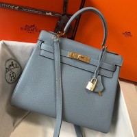 Hermes Kelly 28cm Bag In Blue Lin Clemence Leather GHW Hermes Kelly 28cm Bag In Blue Lin Clemence Leather GHW