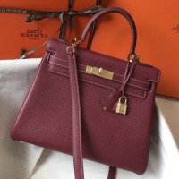 Hermes Kelly 28cm Bag In Bordeaxu Clemence Leather GHW Hermes Kelly 28cm Bag In Bordeaxu Clemence Leather GHW