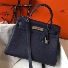 Hermes Kelly 28cm Bag In Dark Blue Clemence Leather PHW Hermes Kelly 28cm Bag In Dark Blue Clemence Leather PHW