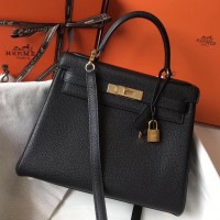 Hermes Kelly 28cm Bag In Black Clemence Leather GHW Hermes Kelly 28cm Bag In Black Clemence Leather GHW