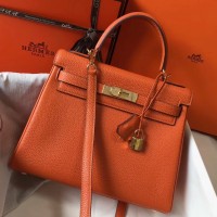 Hermes Kelly 28cm Bag In Orange Clemence Leather GHW Hermes Kelly 28cm Bag In Orange Clemence Leather GHW