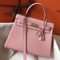 Hermes Kelly 28cm Bag In Pink Clemence Leather GHW Hermes Kelly 28cm Bag In Pink Clemence Leather GHW