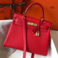 Hermes Kelly 28cm Bag In Red Clemence Leather GHW Hermes Kelly 28cm Bag In Red Clemence Leather GHW