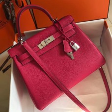 Hermes Kelly 28cm Bag In Rose Red Clemence Leather PHW Hermes Kelly 28cm Bag In Rose Red Clemence Leather PHW