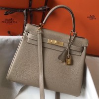 Hermes Kelly 28cm Bag In Gris Tourterelle Clemence Leather GHW Hermes Kelly 28cm Bag In Gris Tourterelle Clemence Leather GHW
