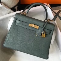 Hermes Kelly 28cm Bag In Vert Amande Clemence Leather GHW Hermes Kelly 28cm Bag In Vert Amande Clemence Leather GHW