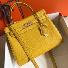 Hermes Kelly 28cm Bag In Yellow Clemence Leather GHW Hermes Kelly 28cm Bag In Yellow Clemence Leather GHW