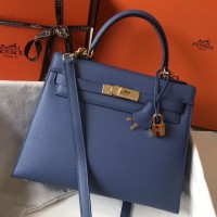 Hermes Kelly 28cm Bag In Blue Agate Epsom Leather GHW Hermes Kelly 28cm Bag In Blue Agate Epsom Leather GHW