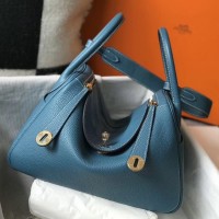 Hermes Lindy 30cm Bag In Blue Jean Clemence Leather GHW Hermes Lindy 30cm Bag In Blue Jean Clemence Leather GHW