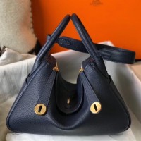 Hermes Lindy 30cm Bag In Navy Blue Clemence Leather GHW Hermes Lindy 30cm Bag In Navy Blue Clemence Leather GHW