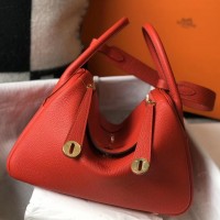 Hermes Lindy 30cm Bag In Red Clemence Leather GHW Hermes Lindy 30cm Bag In Red Clemence Leather GHW