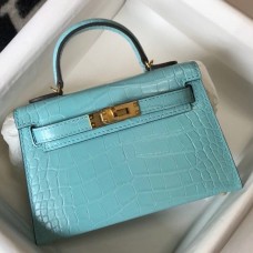 Hermes Kelly Mini II Bag In Blue Atoll Embossed Crocodile Leather Hermes Kelly Mini II Bag In Blue Atoll Embossed Crocodile Leather
