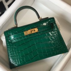 Hermes Kelly Mini II Bag In Green Embossed Crocodile Leather Hermes Kelly Mini II Bag In Green Embossed Crocodile Leather