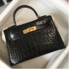 Hermes Kelly Mini II Bag In Black Embossed Crocodile Leather Hermes Kelly Mini II Bag In Black Embossed Crocodile Leather