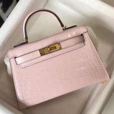 Hermes Kelly Mini II Bag In Rose Dragee Embossed Crocodile Leather Hermes Kelly Mini II Bag In Rose Dragee Embossed Crocodile Leather