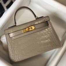 Hermes Kelly Mini II Bag In Taupe Embossed Crocodile Leather Hermes Kelly Mini II Bag In Taupe Embossed Crocodile Leather