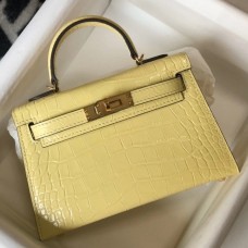 Hermes Kelly Mini II Bag In Jaune Poussin Embossed Crocodile Leather Hermes Kelly Mini II Bag In Jaune Poussin Embossed Crocodile Leather