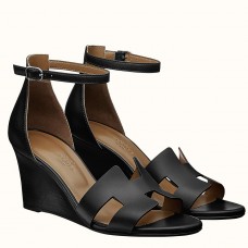 Hermes Legend Wedge Sandal In Black Calfskin Hermes Legend Wedge Sandal In Black Calfskin