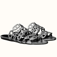 Hermes Thalassa Sandals In Silver Metallic Calfskin Hermes Thalassa Sandals In Silver Metallic Calfskin