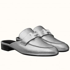 Hermes Trocadero Mules In Silver Nappa Leather Hermes Trocadero Mules In Silver Nappa Leather