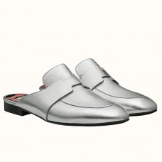 Hermes Catena Mules In Silver Metallic Calfskin Hermes Catena Mules In Silver Metallic Calfskin