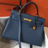 Hermes Kelly 32cm Bag In Blue Agate Clemence Leather GHW Hermes Kelly 32cm Bag In Blue Agate Clemence Leather GHW