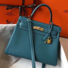 Hermes Kelly 32cm Bag In Blue Jean Clemence Leather GHW Hermes Kelly 32cm Bag In Blue Jean Clemence Leather GHW