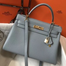 Hermes Kelly 32cm Bag In Blue Lin Clemence Leather GHW Hermes Kelly 32cm Bag In Blue Lin Clemence Leather GHW