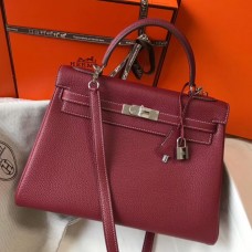 Hermes Kelly 32cm Bag In Bordeaux Clemence Leather PHW Hermes Kelly 32cm Bag In Bordeaux Clemence Leather PHW